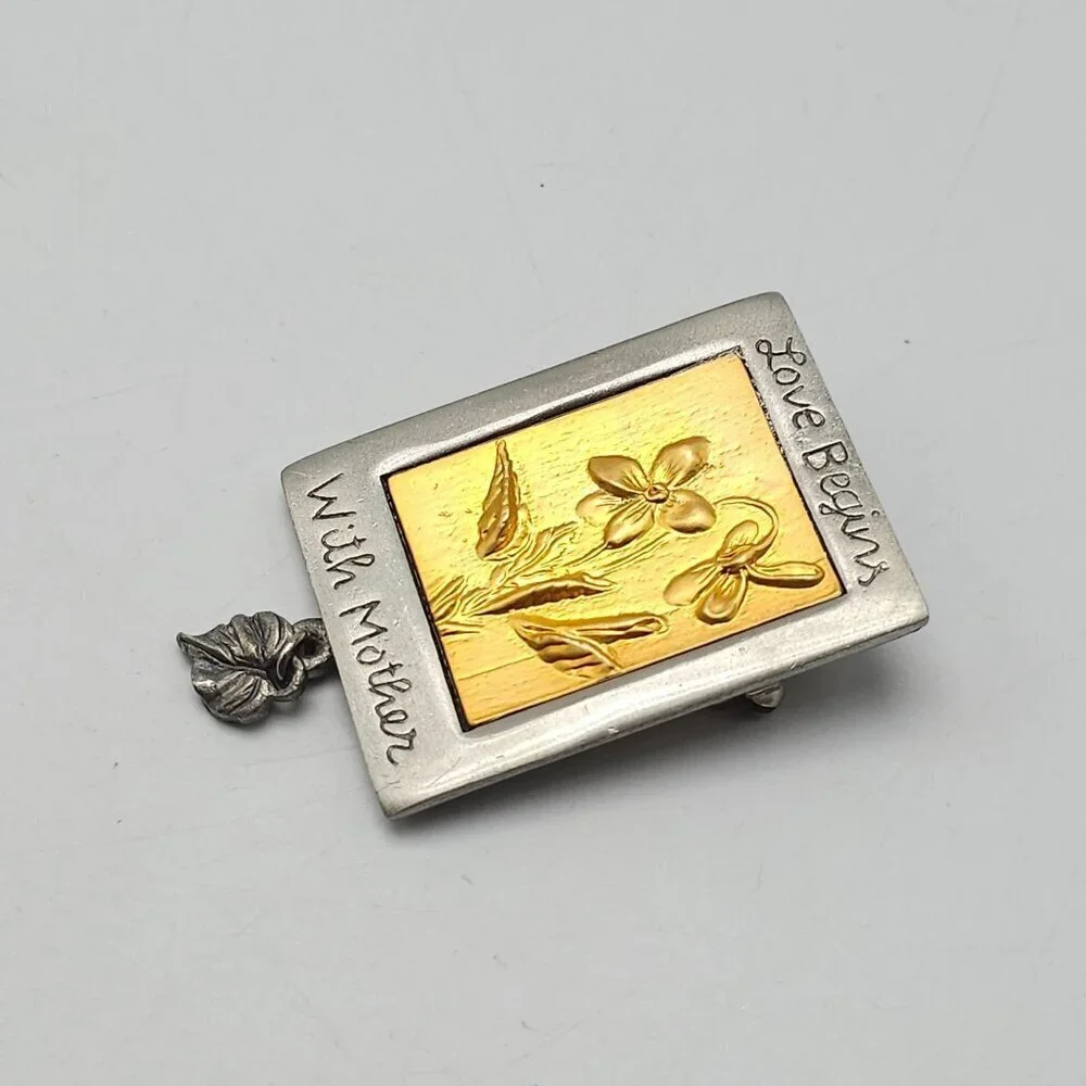 Love Begins With Mother Gold Silver Tone Floral Brooch Pin With Leaf Charm